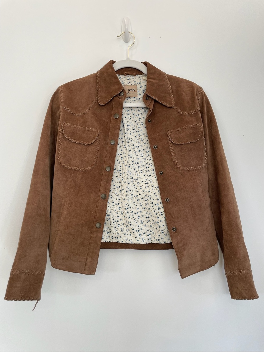 Vince Brown Suede Snap-Front Jacket with Floral Lining